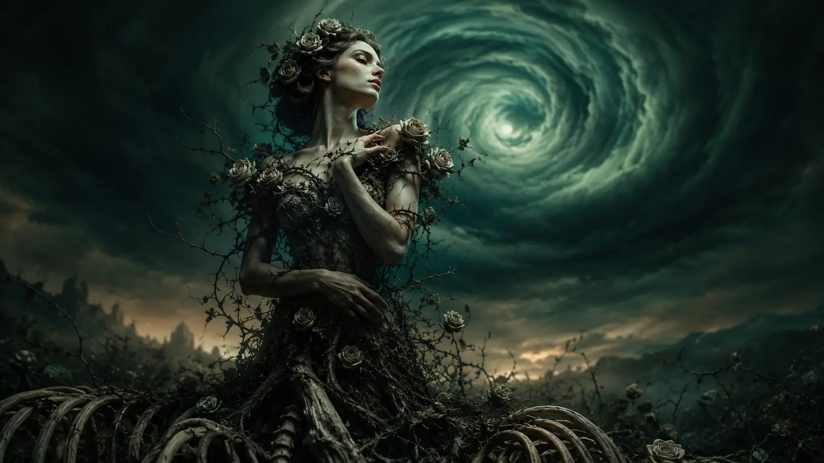 Surreal woman entwined with thorns and roses in shadow