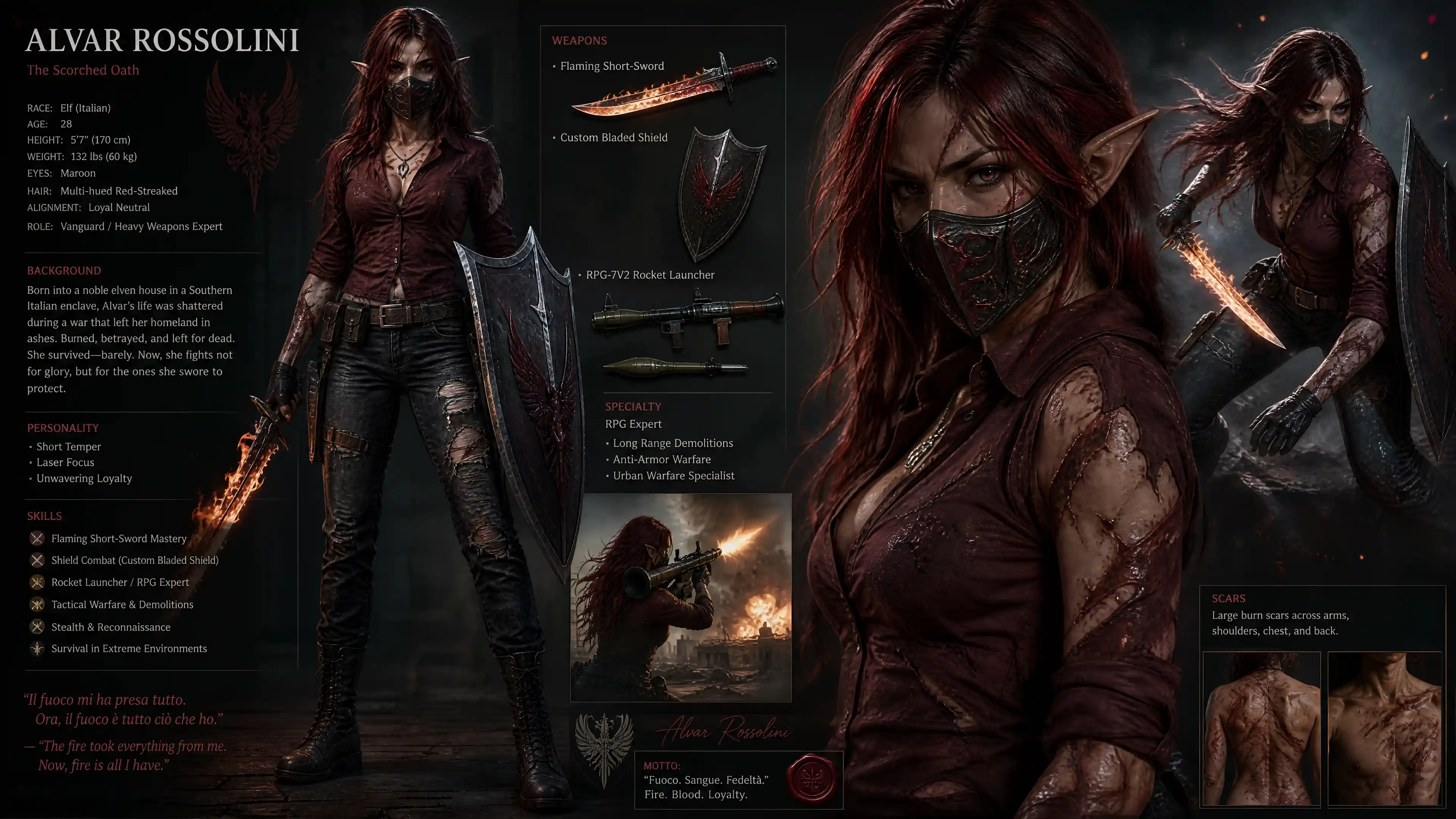 Scarred elf warrior woman with mask and flaming sword