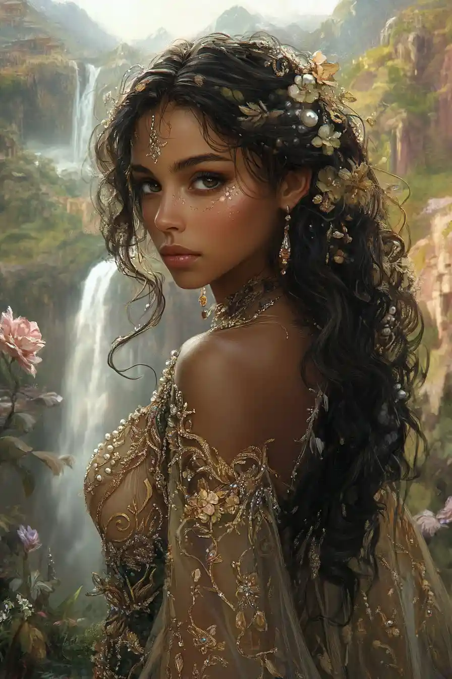 Ethereal woman in a jeweled gown before distant mountains
