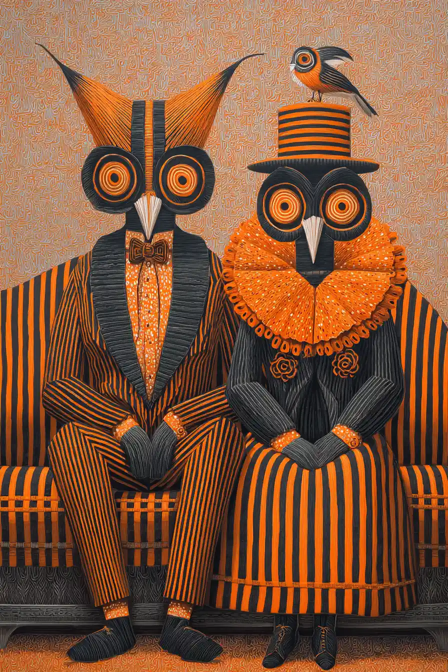Surreal striped cat figures seated on a dramatic sofa