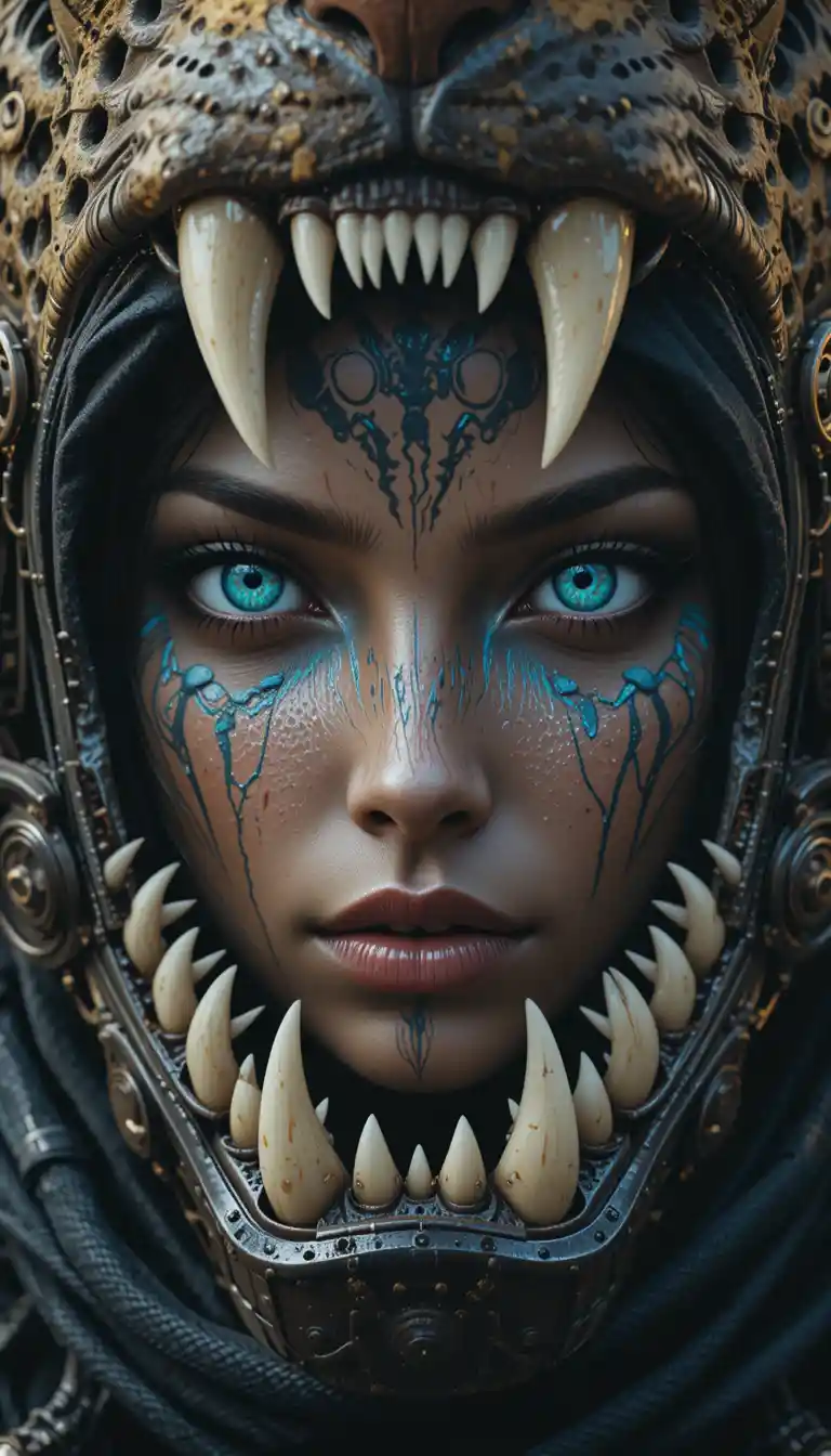 Fierce tattooed warrior woman in jaguar head armor