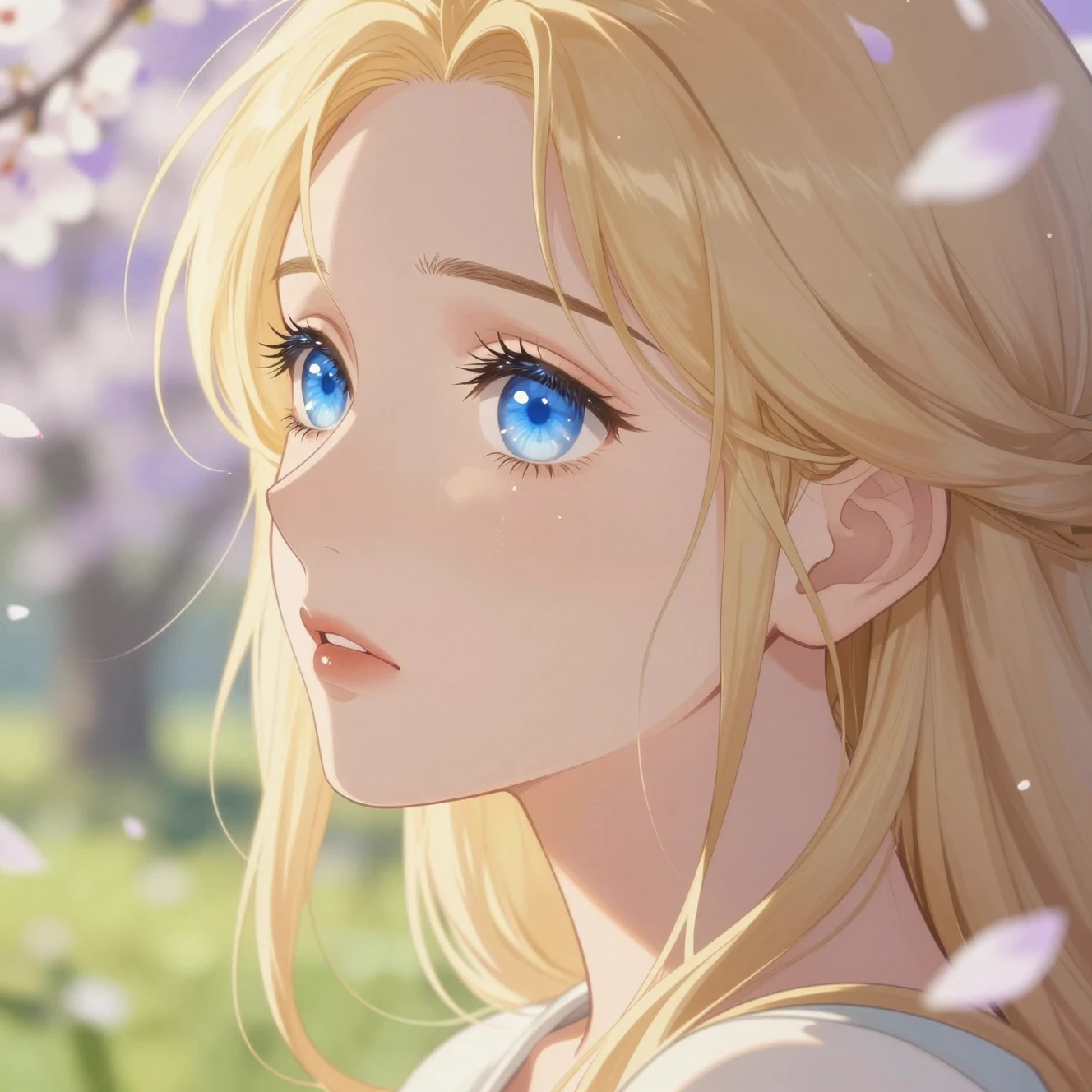 Anime girl in profile with flowing blond hair and blue eyes