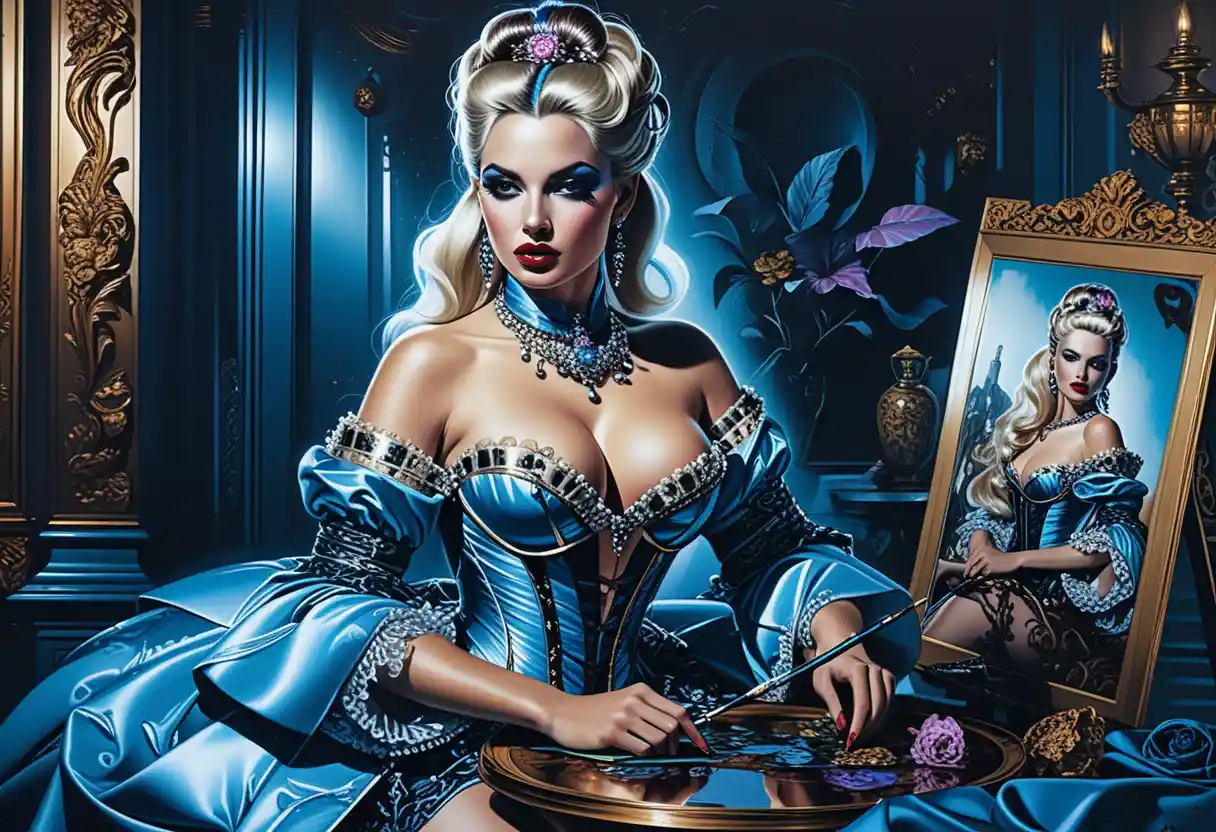 Rococo courtesan painting at an easel in royal chambers