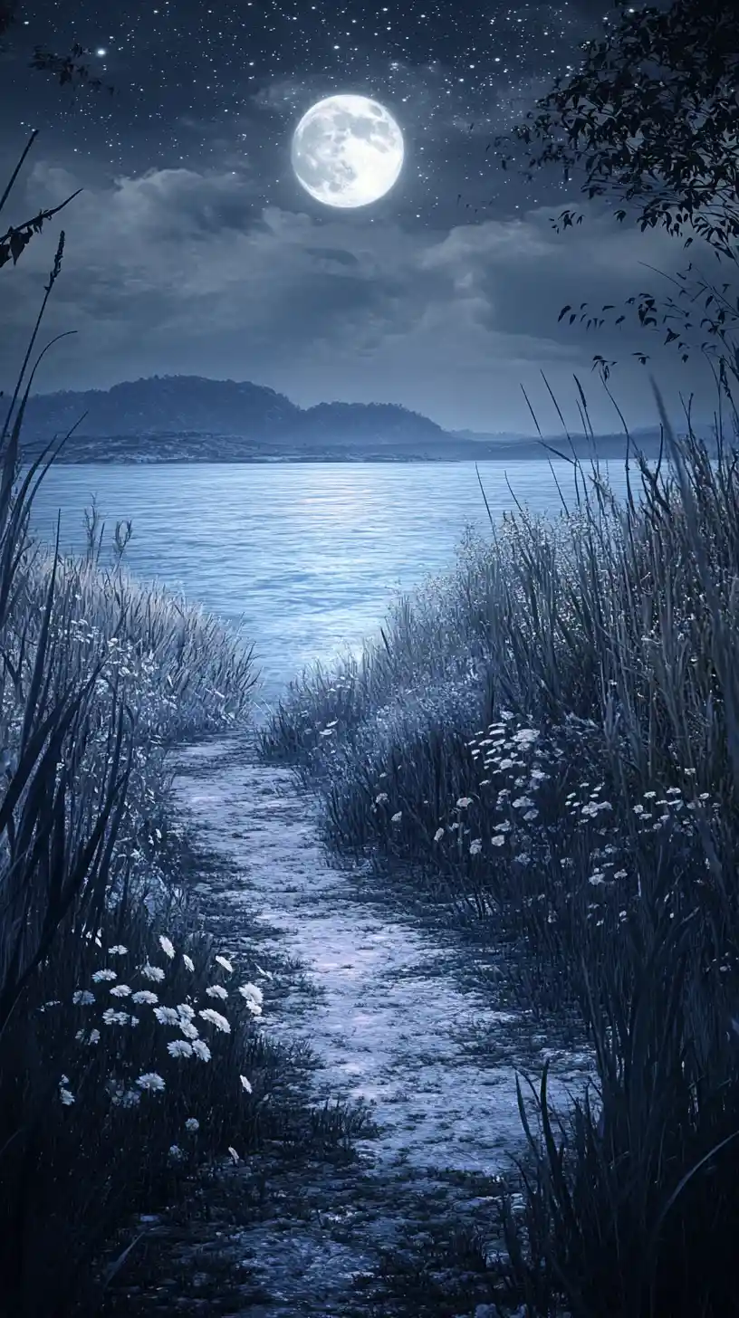 Moonlit Path Through Pampas Grass To A Tranquil Lake