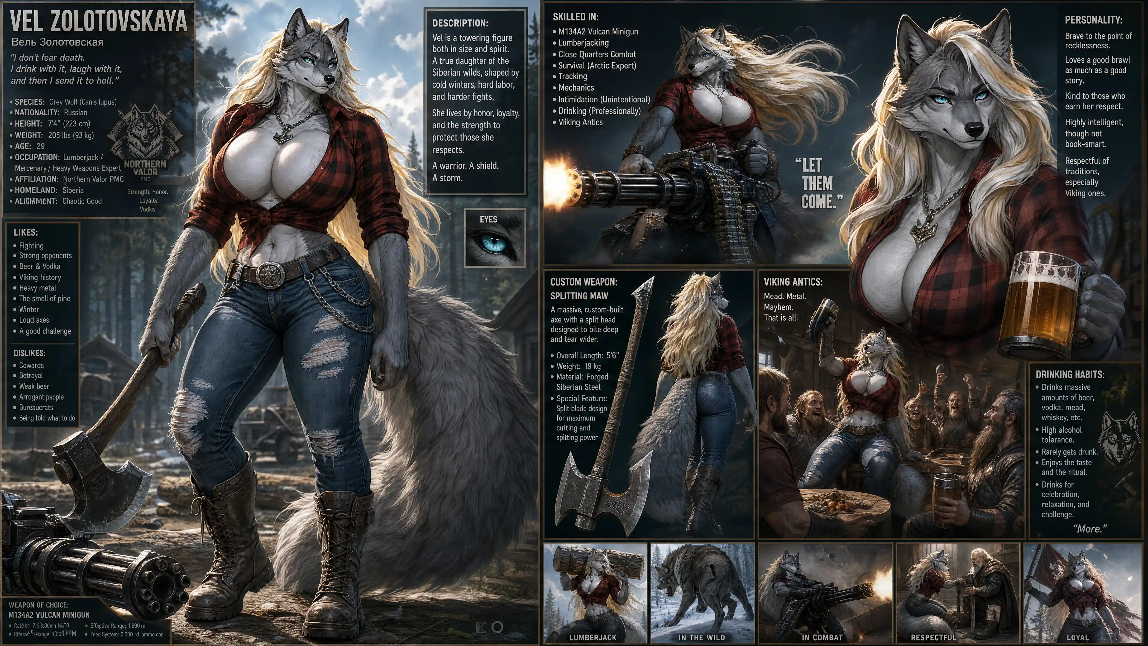Tall gray wolf warrior woman with minigun and jeans