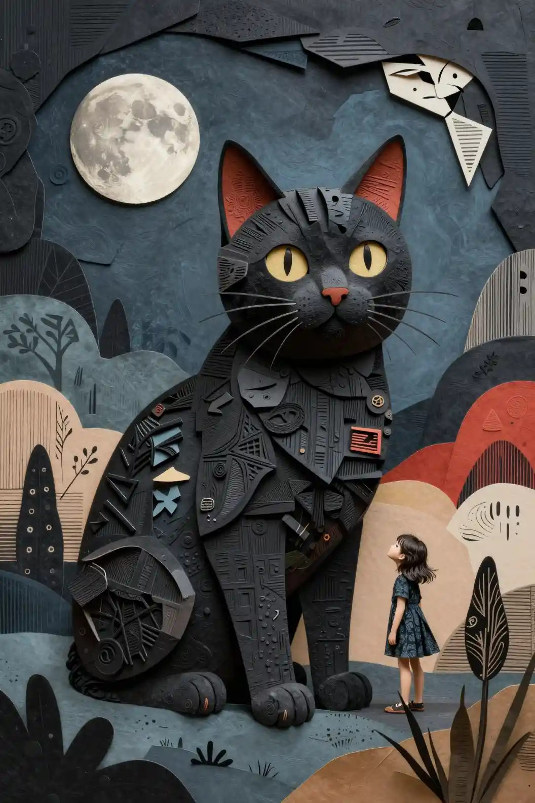Giant paper collage cat towering over a small girl