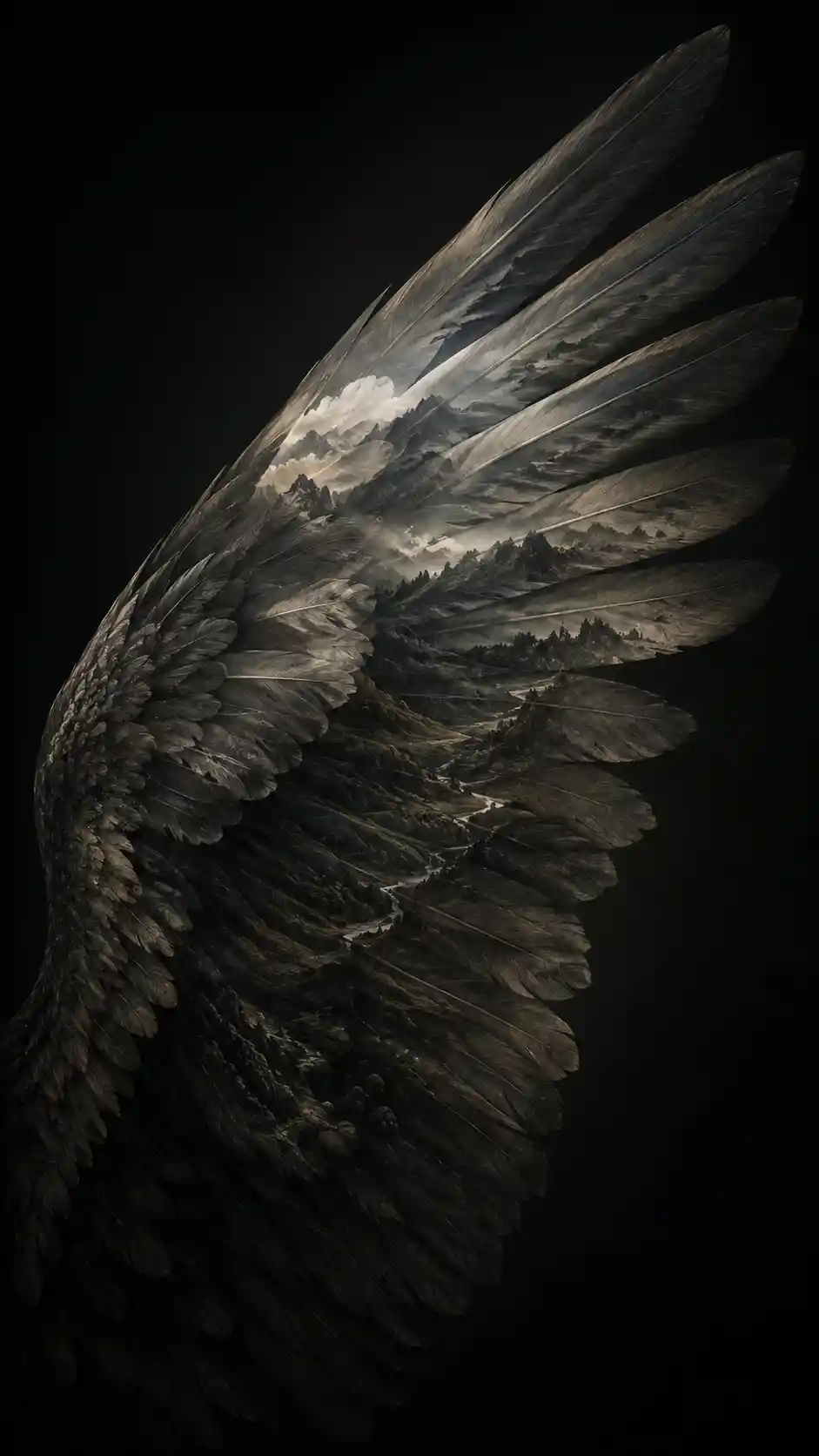 Surreal Angel Wing With Hidden Landscapes In Darkness