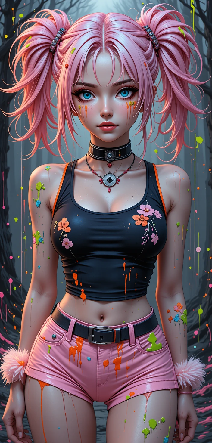Fantasy woman in pink streetwear with glowing floral legs