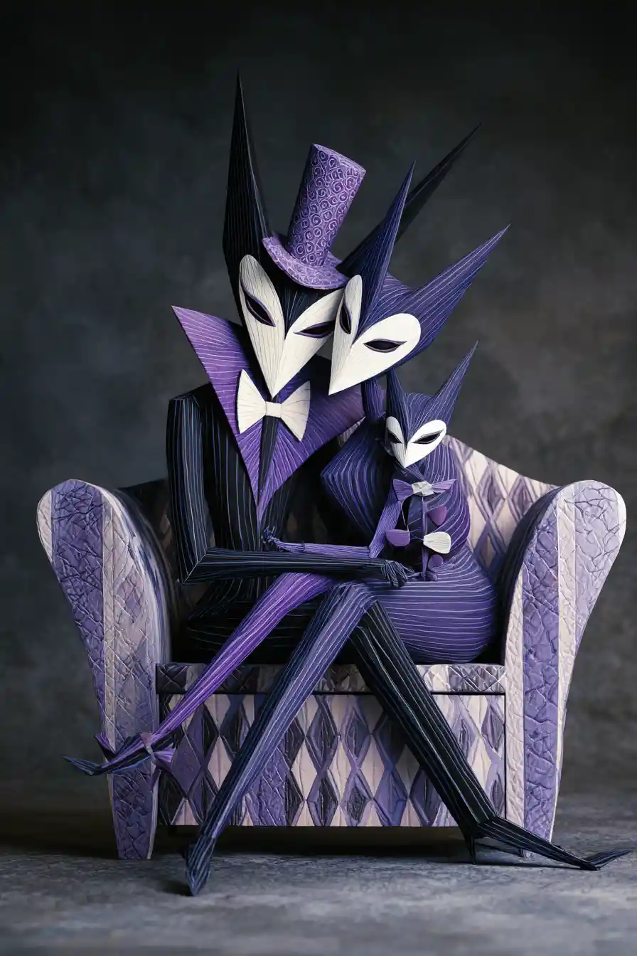 Surreal bird like figures in striped suits on a sofa