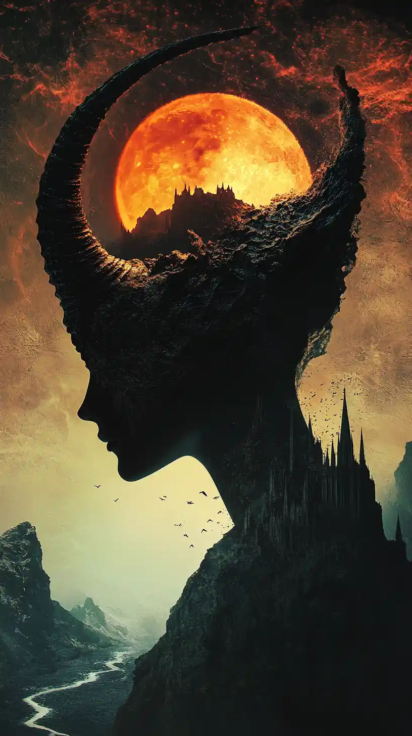 Surreal Horned Goddess Profile With Cosmic Valley Within