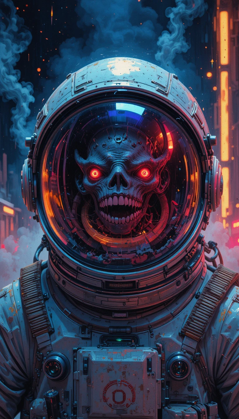 Neon Creature Reflected In Astronaut Helmet Visor