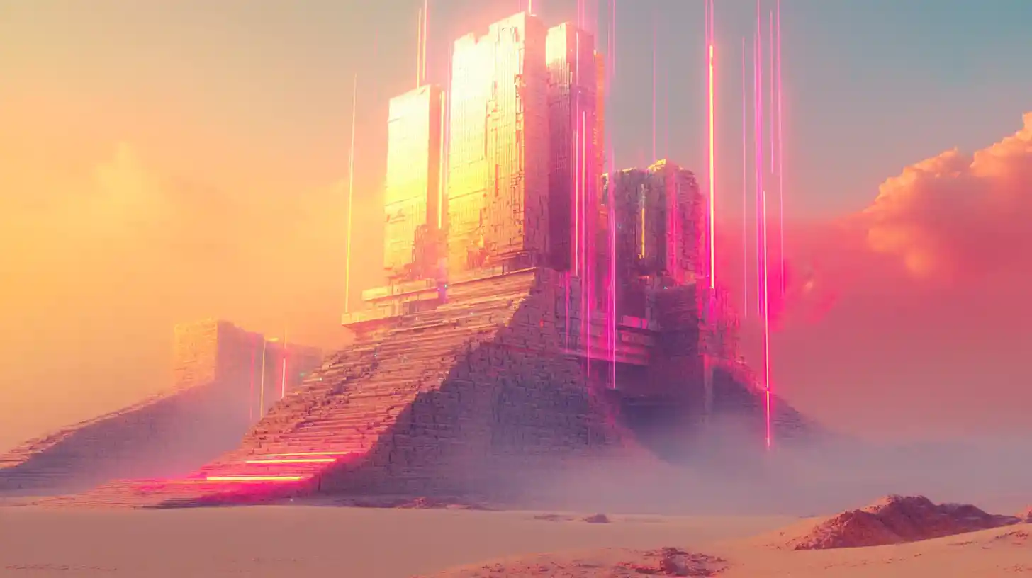 Surreal desert monolith built from endless geometric staircases