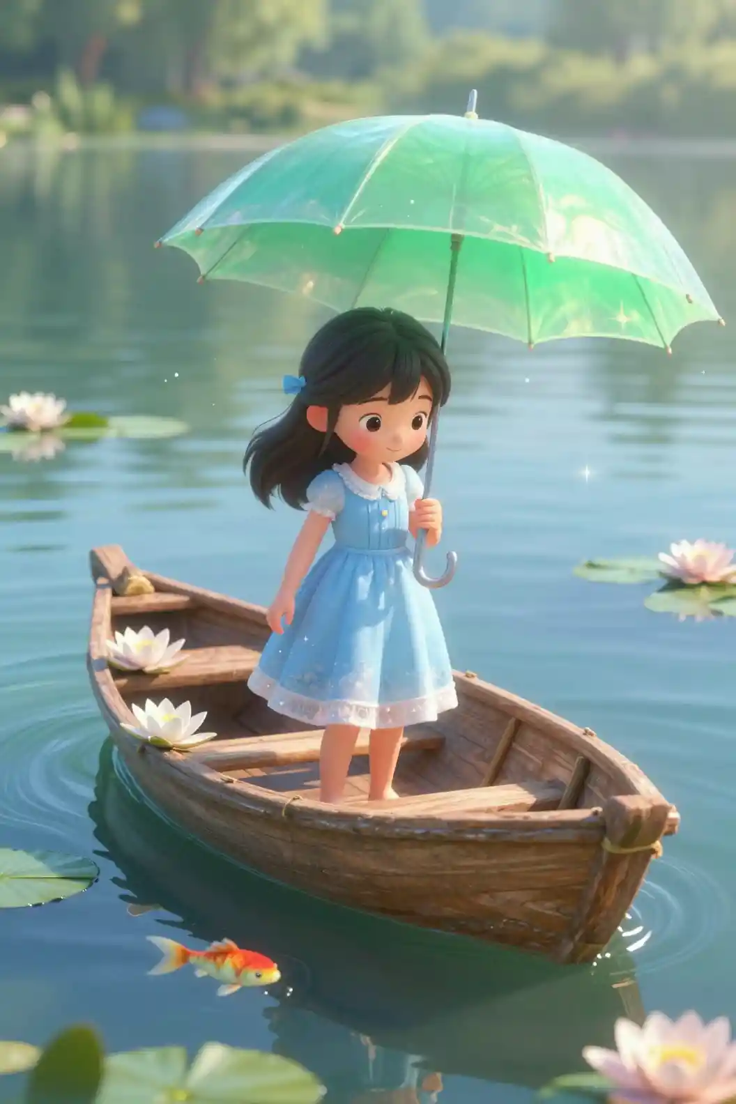 Little girl in boat with lilies on a tranquil lake