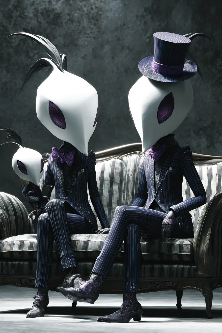 Surreal bird figures in striped suits on ornate sofa