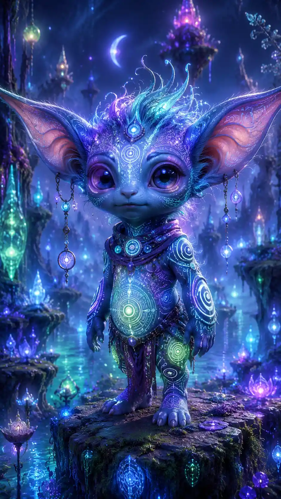 Small fantasy creature glowing with colorful mystical sigils