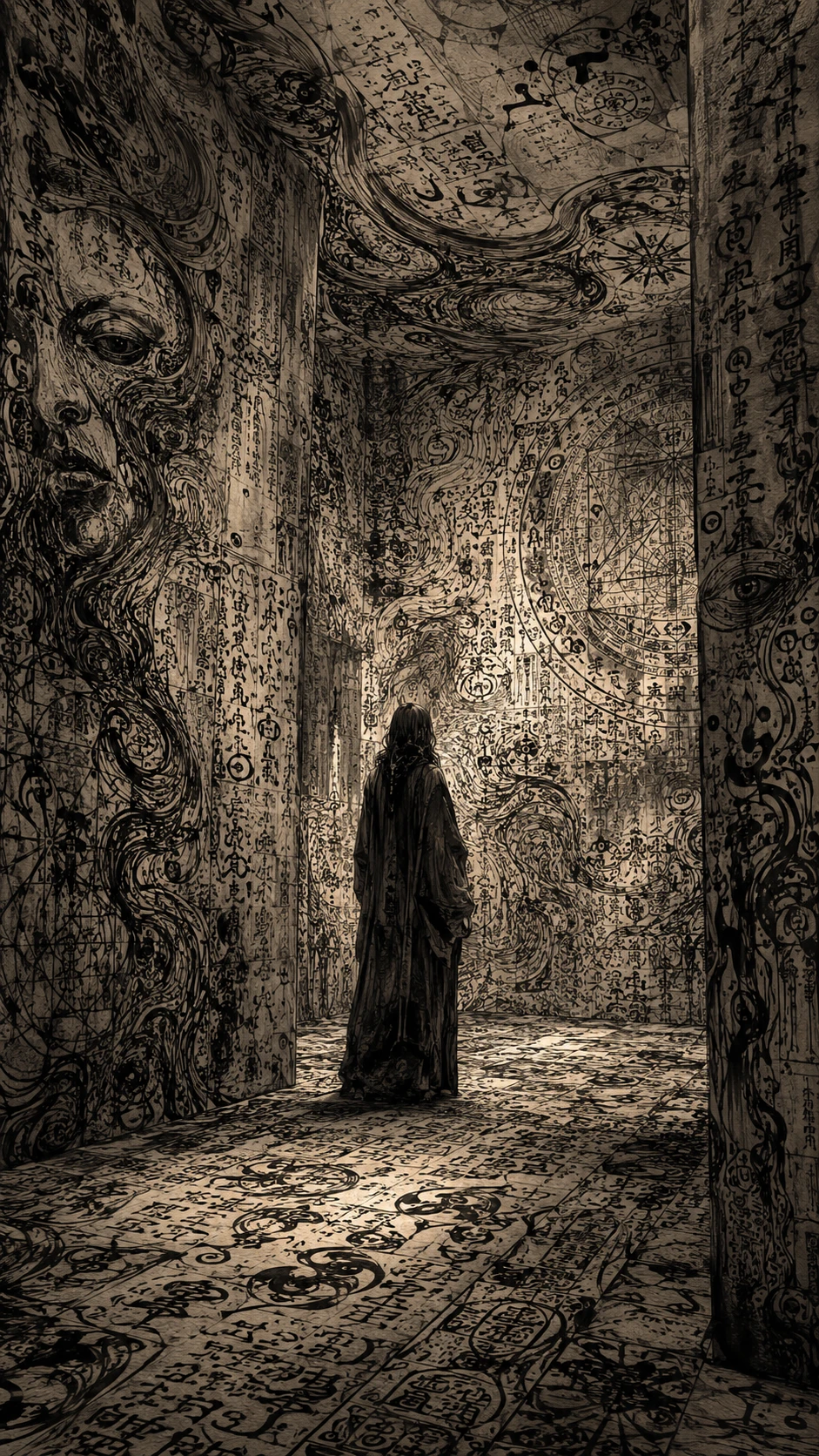 Interior wall filled with etched symbols and flowing ink patterns