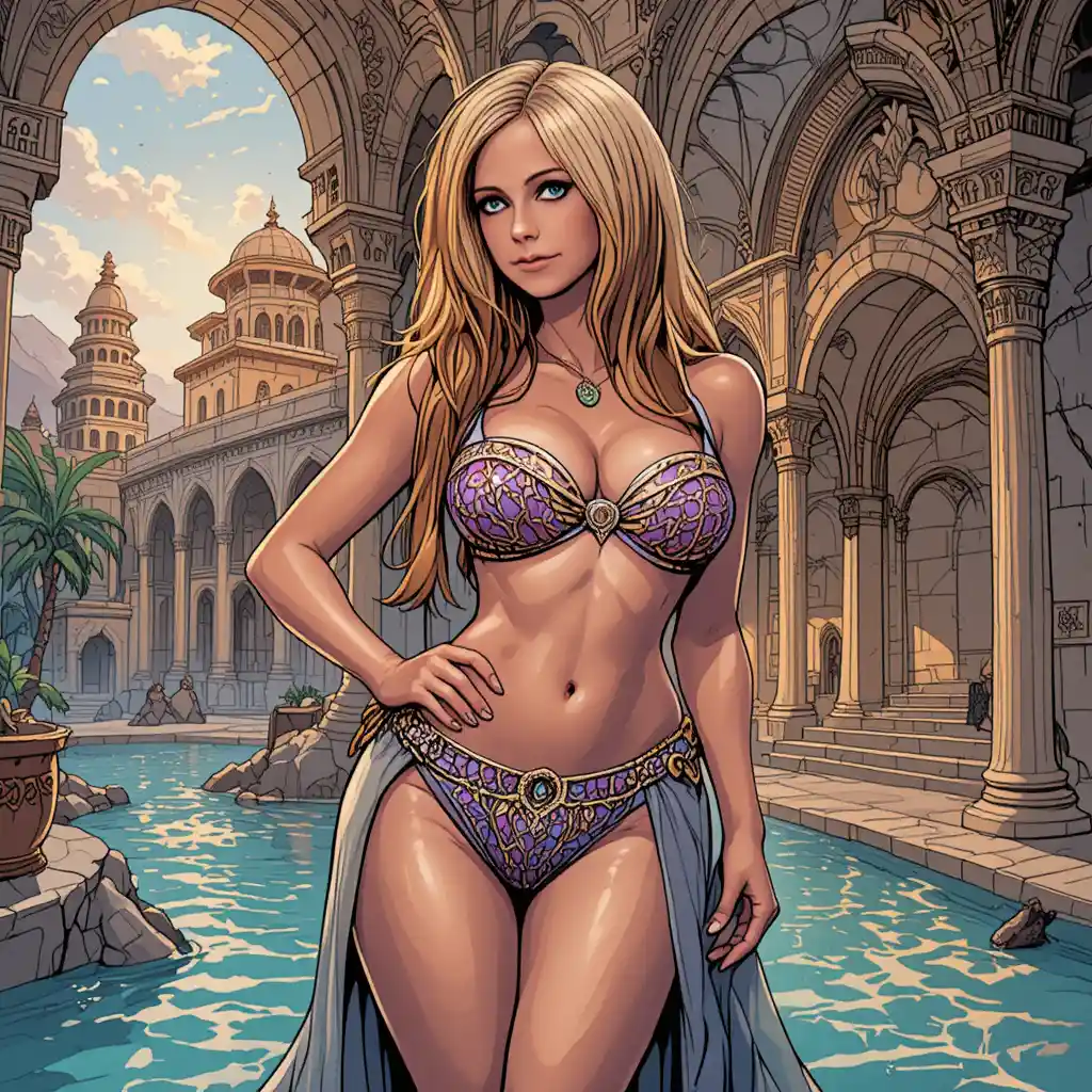 Curvy harem woman in micro bikini in arabian palace
