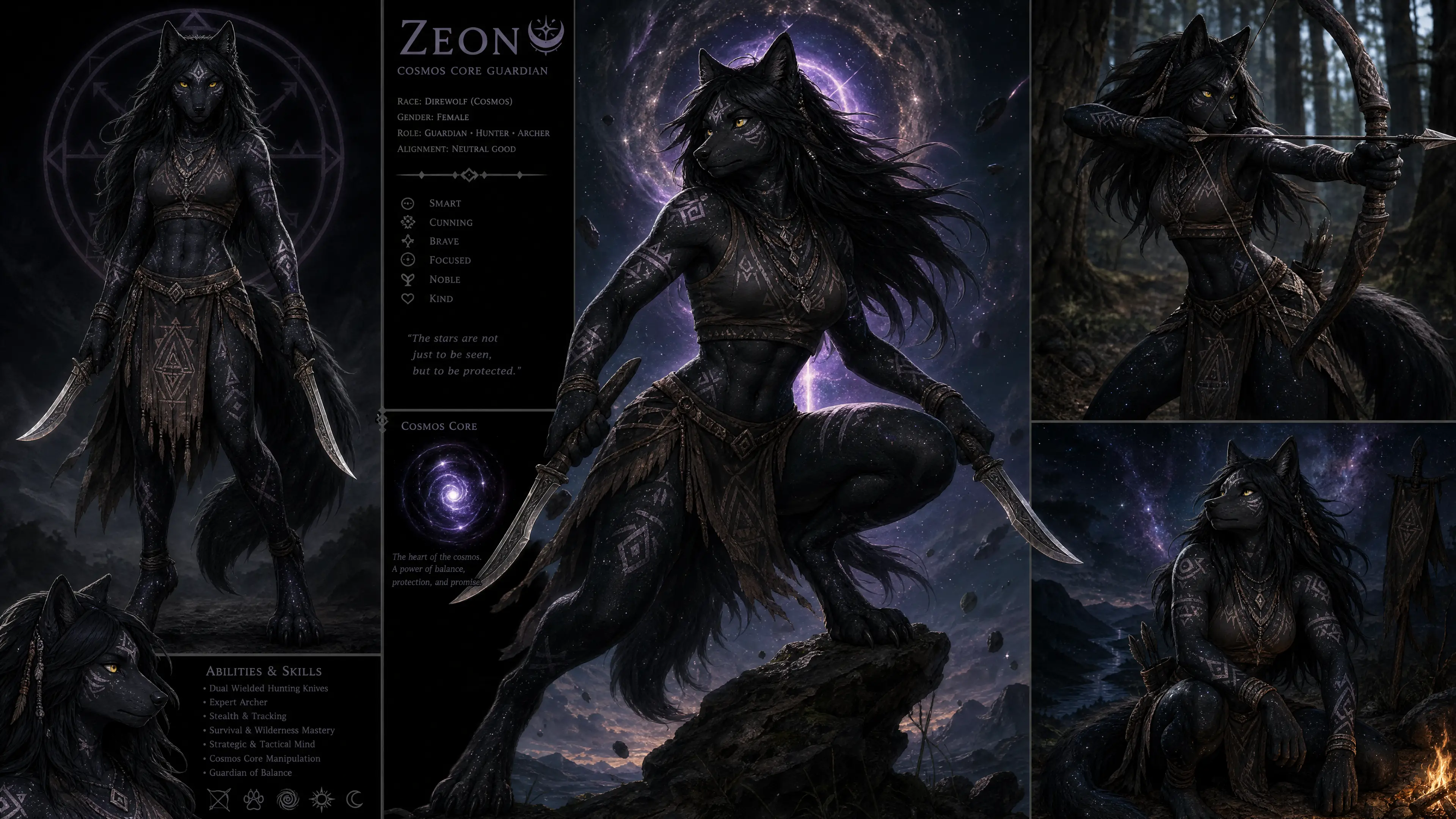 Anthro direwolf warrior woman with tribal marks and knives