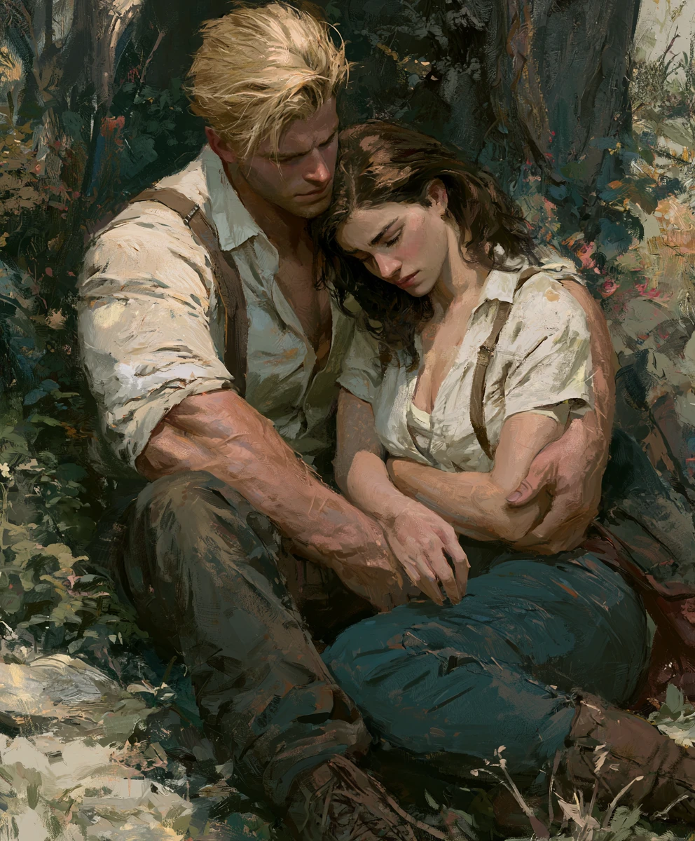 Muscular blond man sitting alone in a sorrowful place