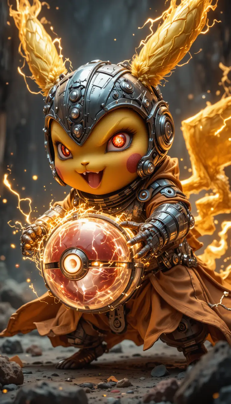 Cyberpunk chibi pikachu lunging with glowing pokeball energy