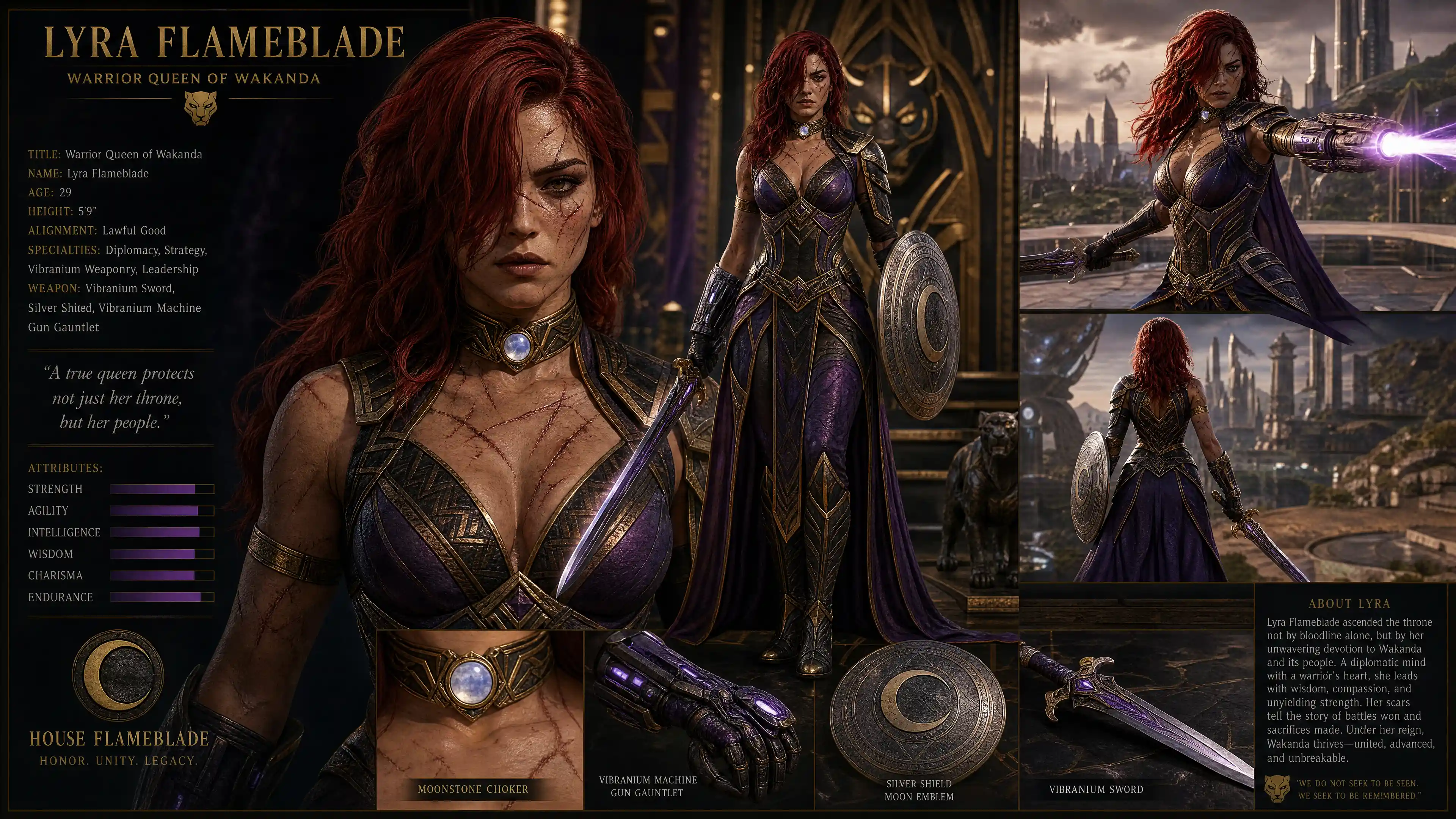 Scarred warrior queen with moonstone choker and vibranium arms