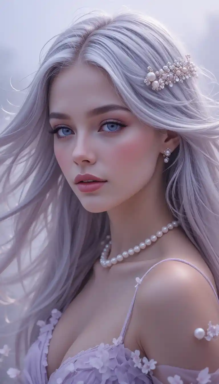 Lavender haired girl with crystal purple eyes in misty light