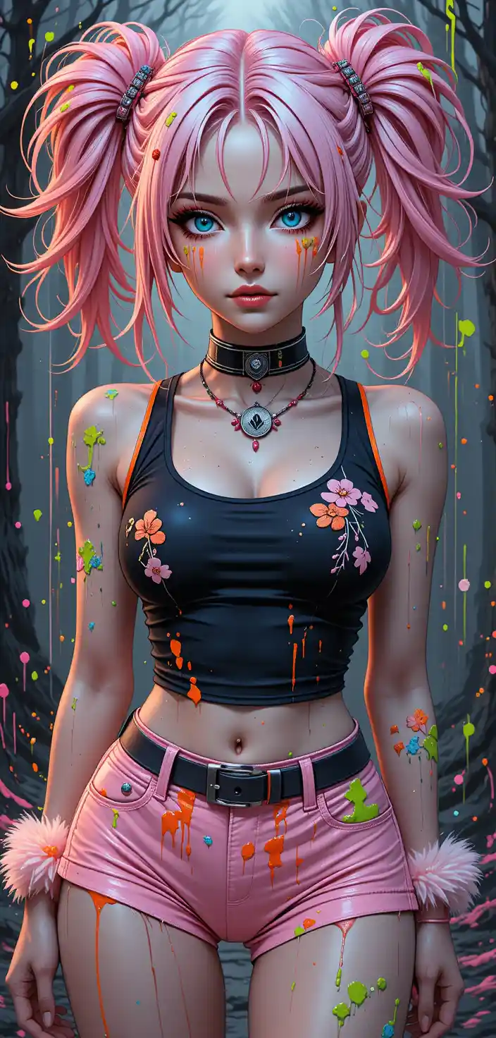 Fantasy woman in pink streetwear with glowing floral legs
