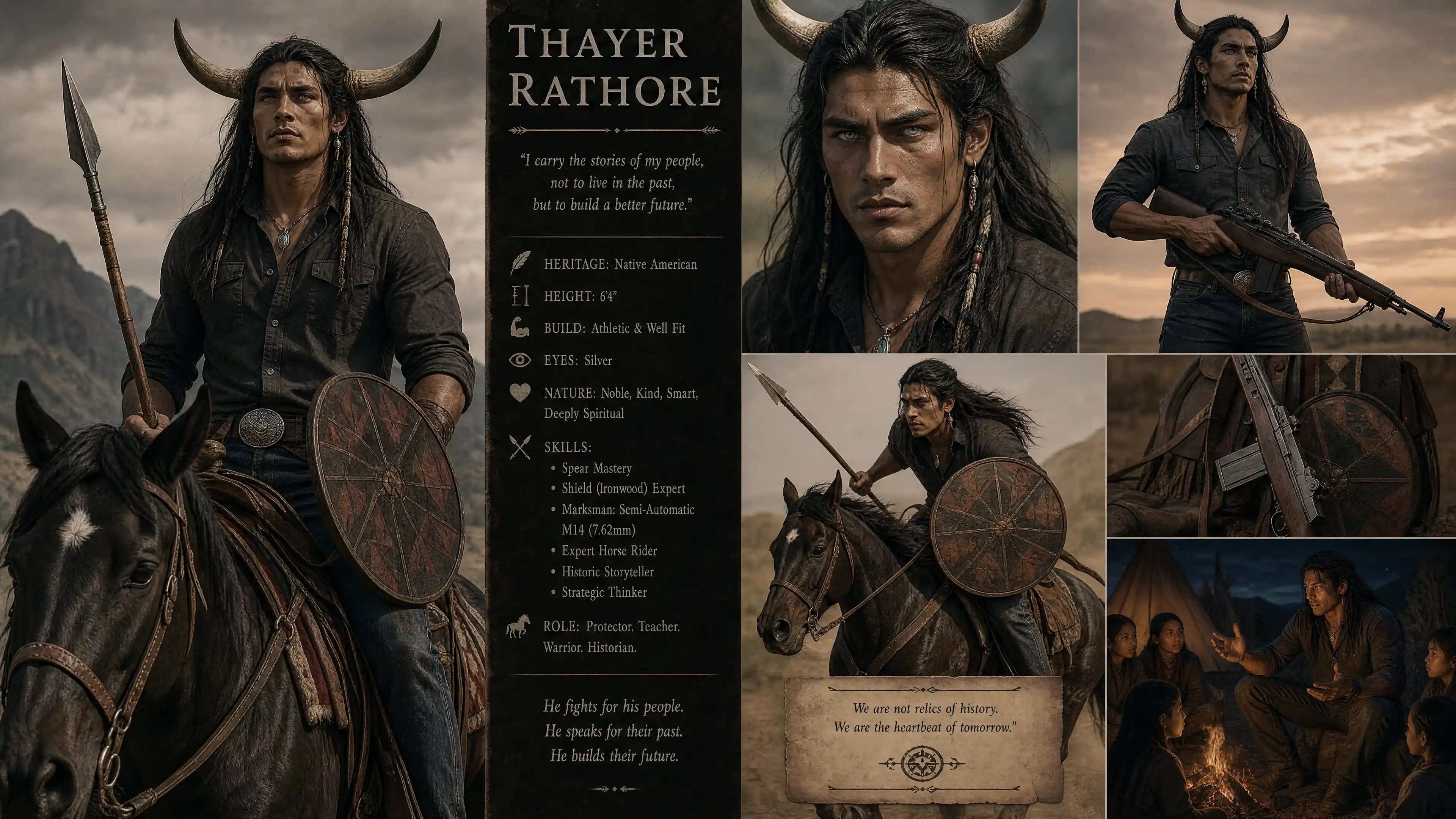 Bull horned native warrior with rifle and spear