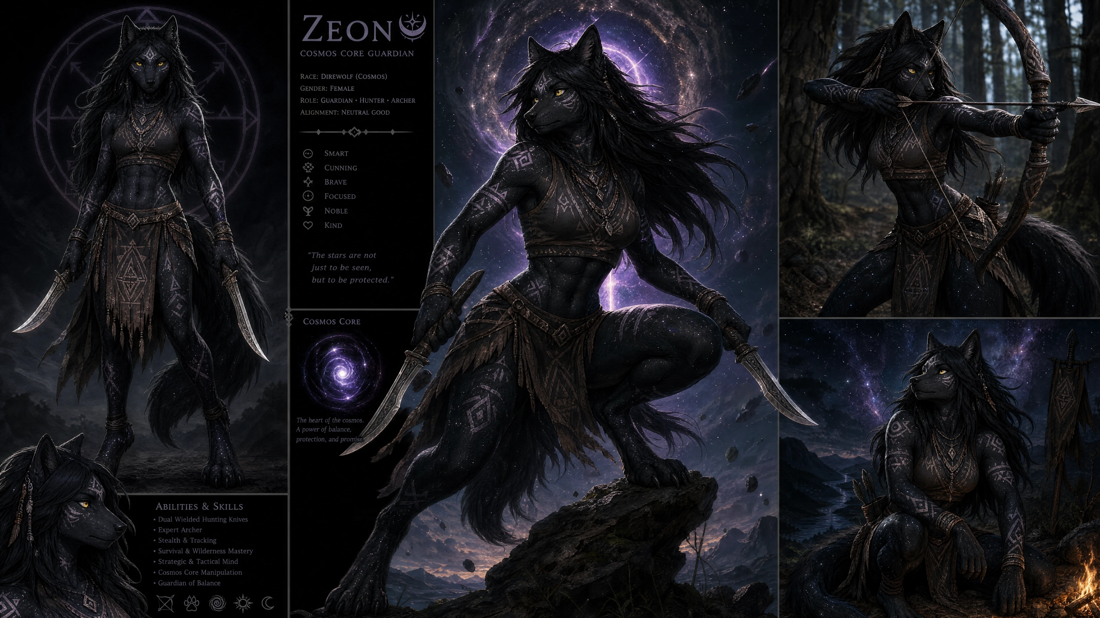 Anthro direwolf warrior woman with tribal marks and knives
