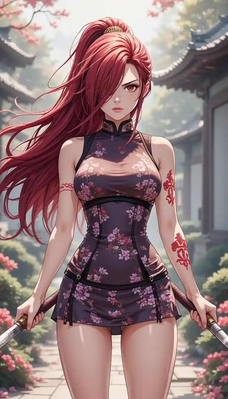 Anime warrior woman with twin katanas in a japanese garden