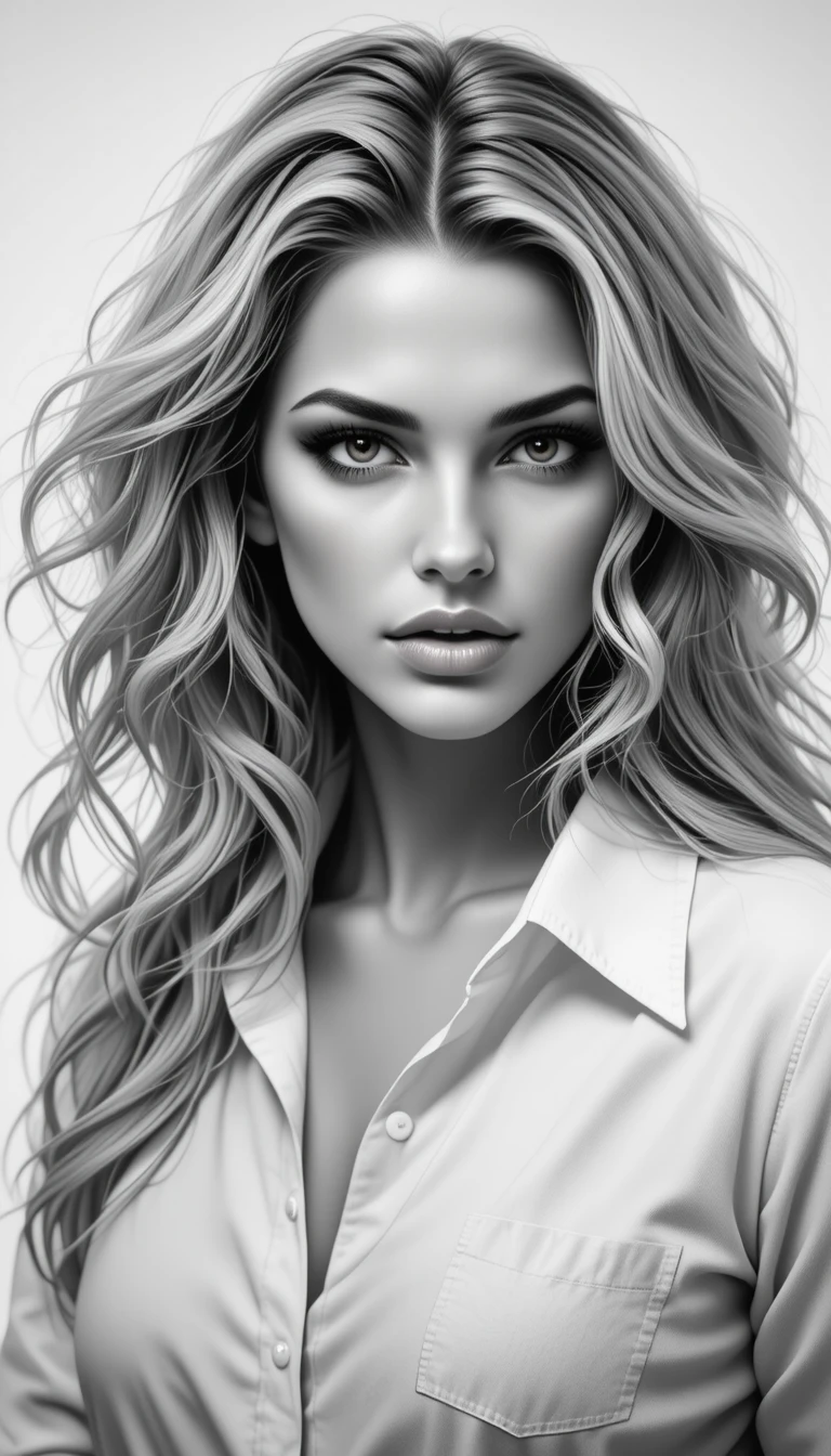 Serious blonde woman in white shirt on plain white background