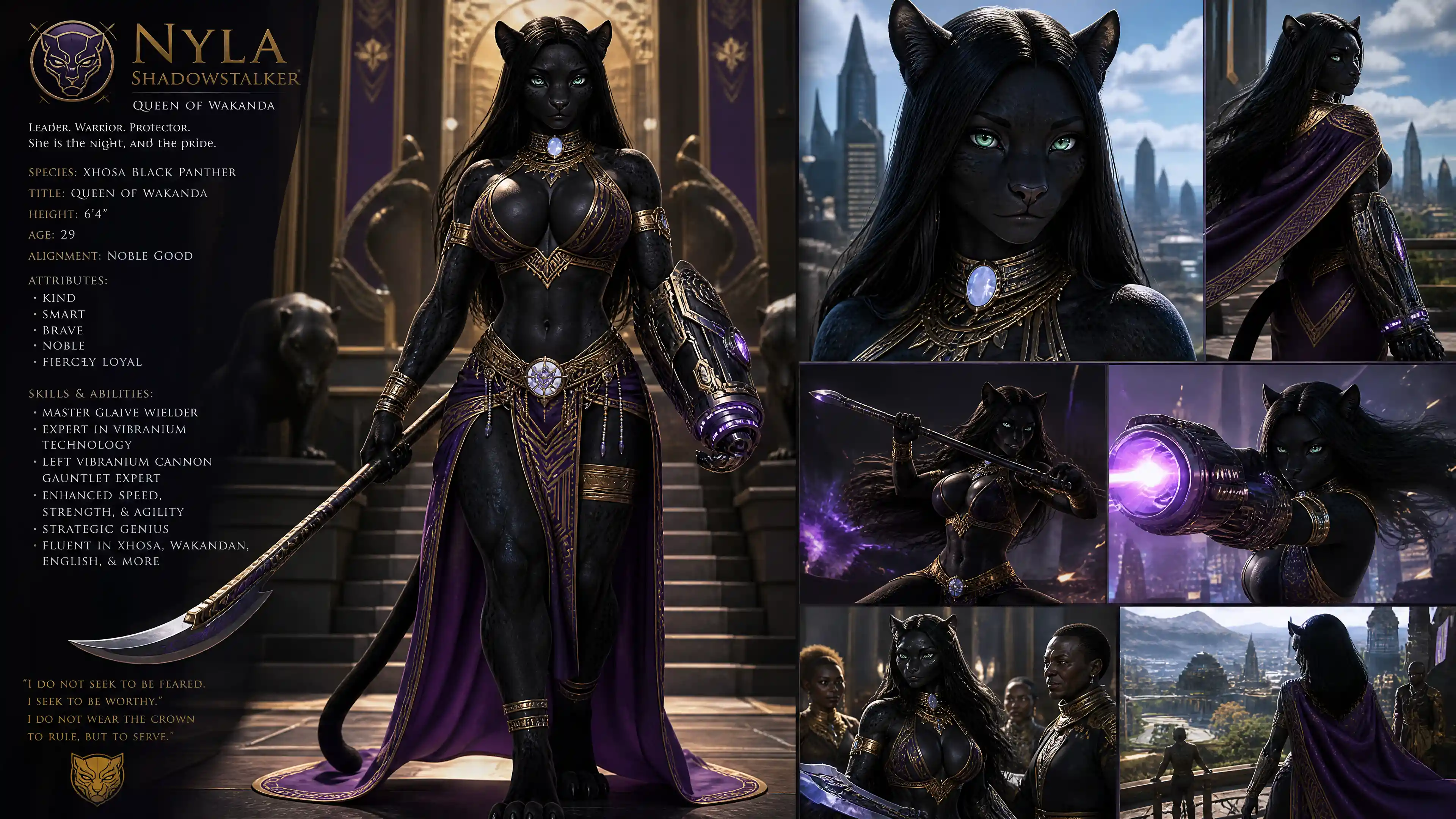 Regal panther queen with emerald eyes and wakandan regalia