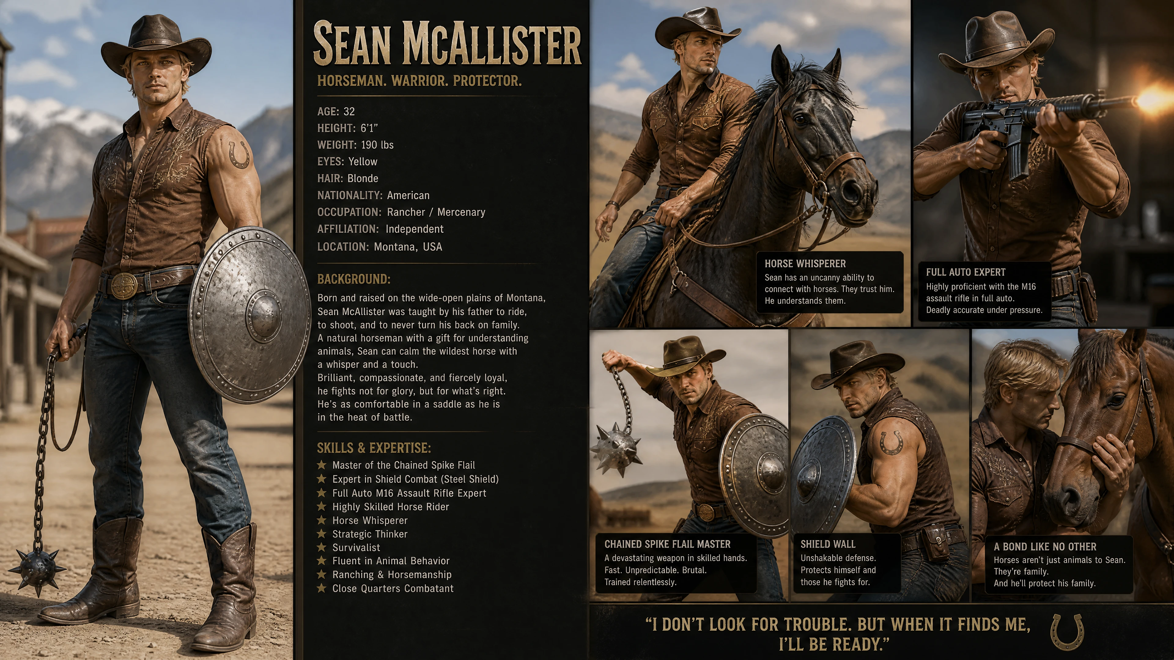 Western cowboy with rifle shield and spiked flail