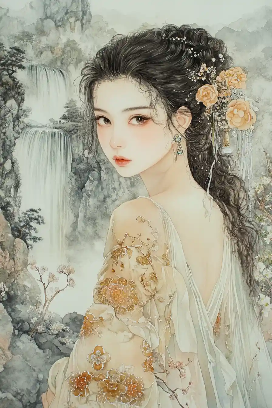 Watercolor portrait of a woman before a distant waterfall