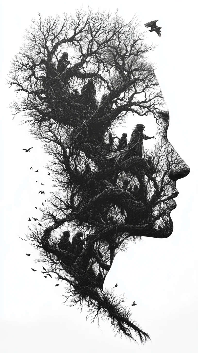 Human profile silhouette filled with ancient sentient forest