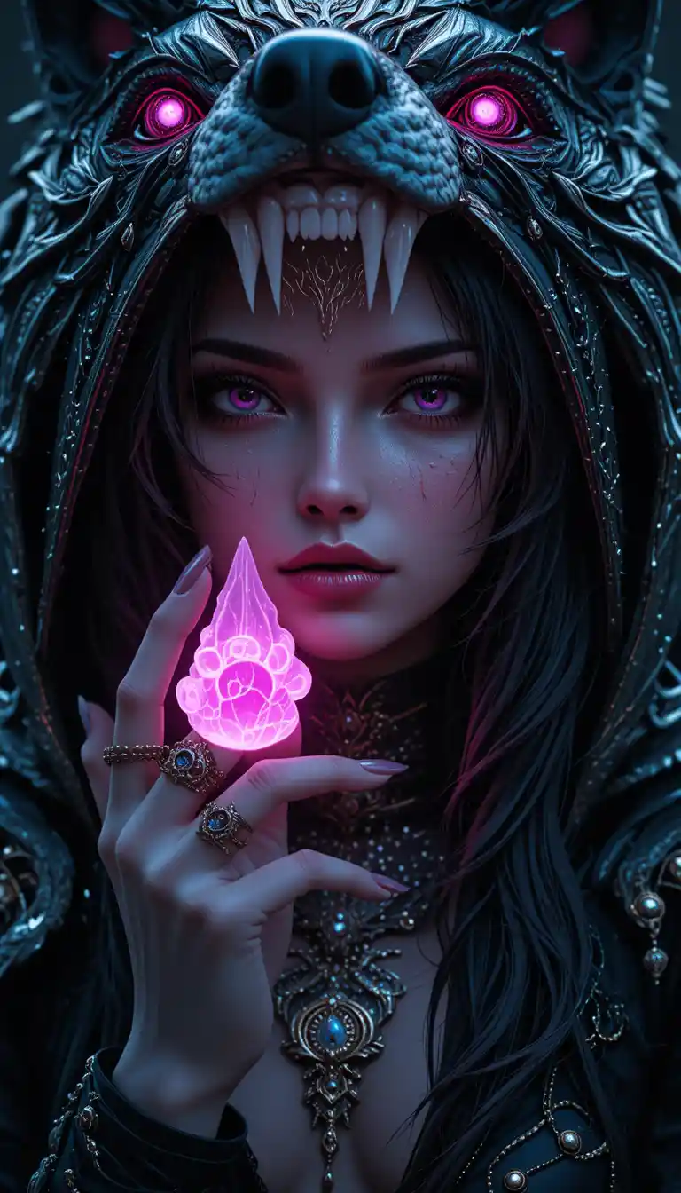 Woman in wolf hood holding glowing pink emblem