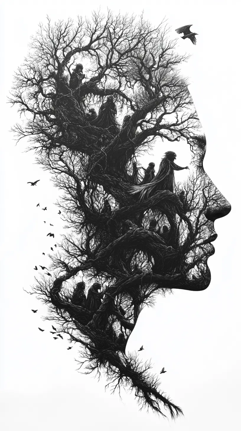 Human profile silhouette filled with ancient sentient forest