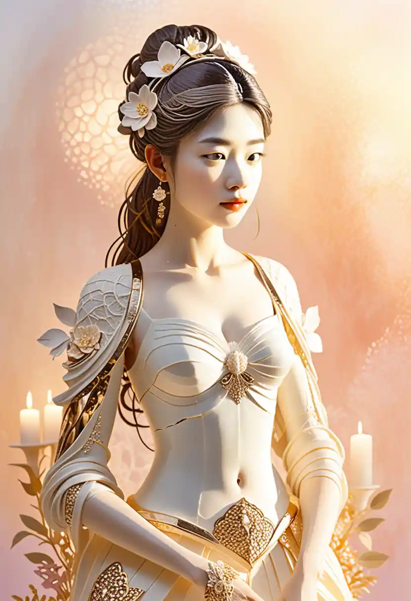 Porcelain sculpture on vanity with glowing candlelight