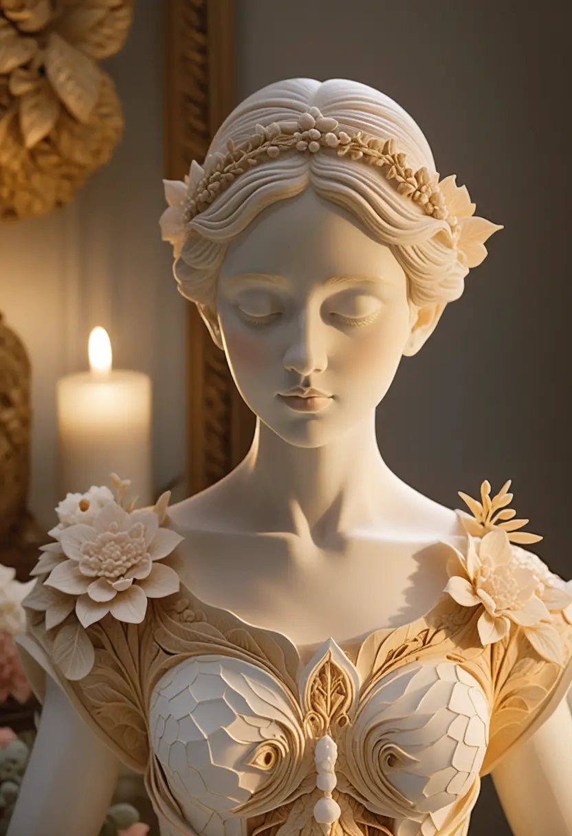 Scultura in porcellana su toilette illuminata dalla luce delle candele