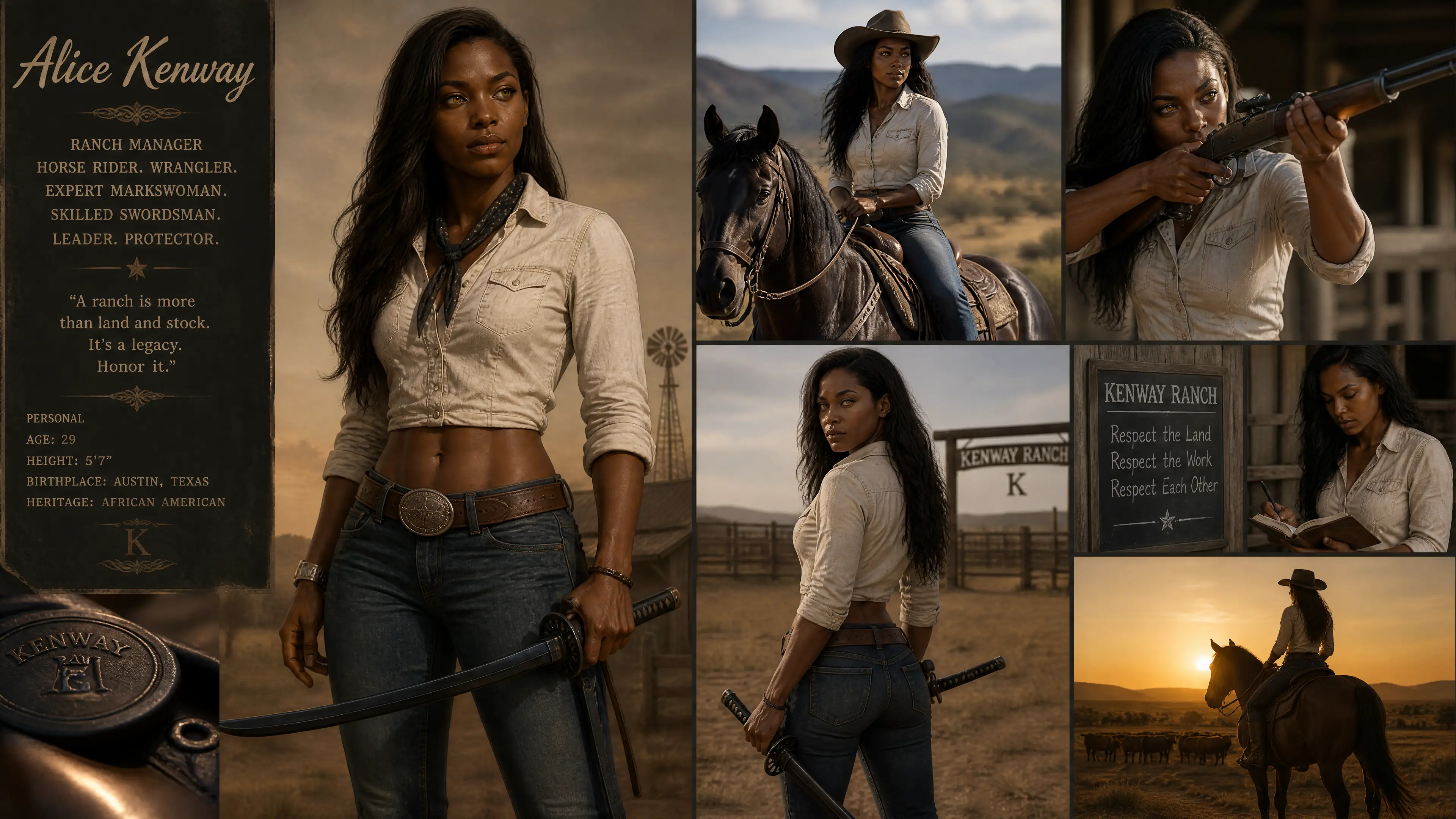 Strong ranch warrior woman with rifle and katana