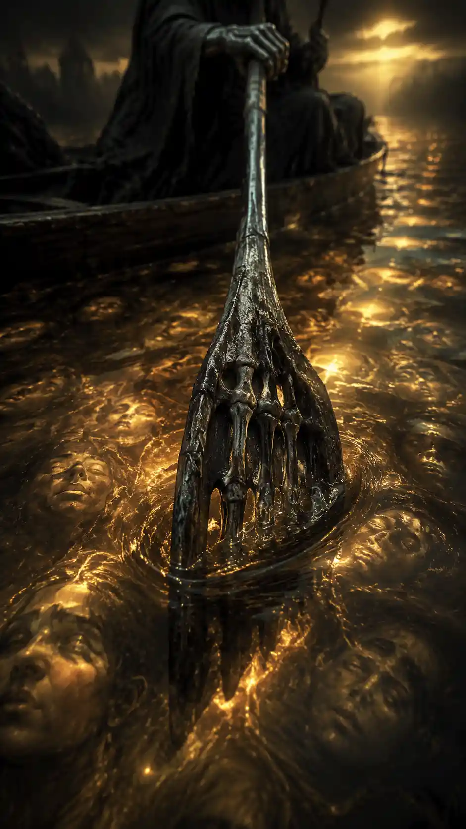 Close up of a skeletal oar cutting through glowing water