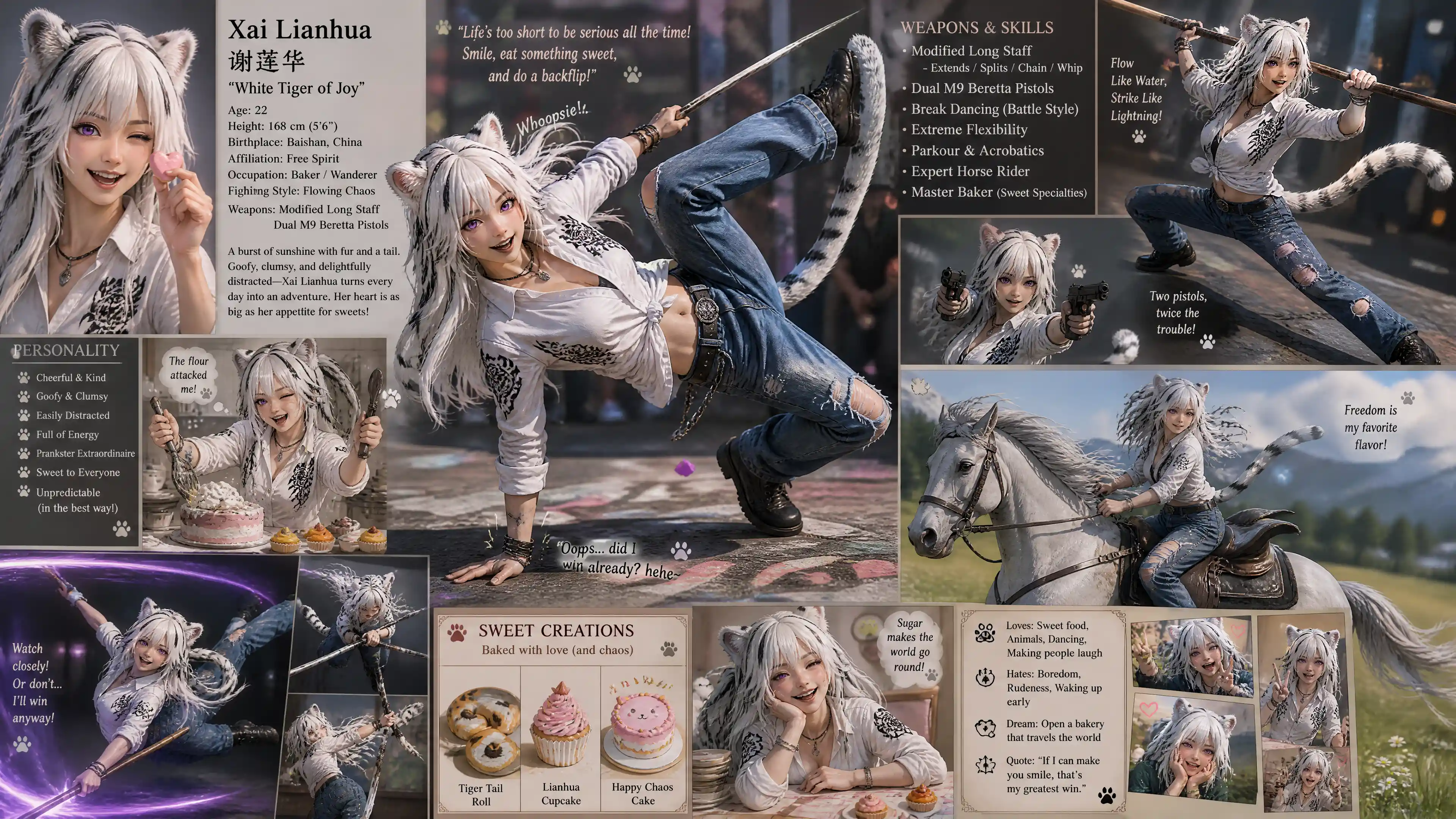 Energetic white tiger girl with long striped hair