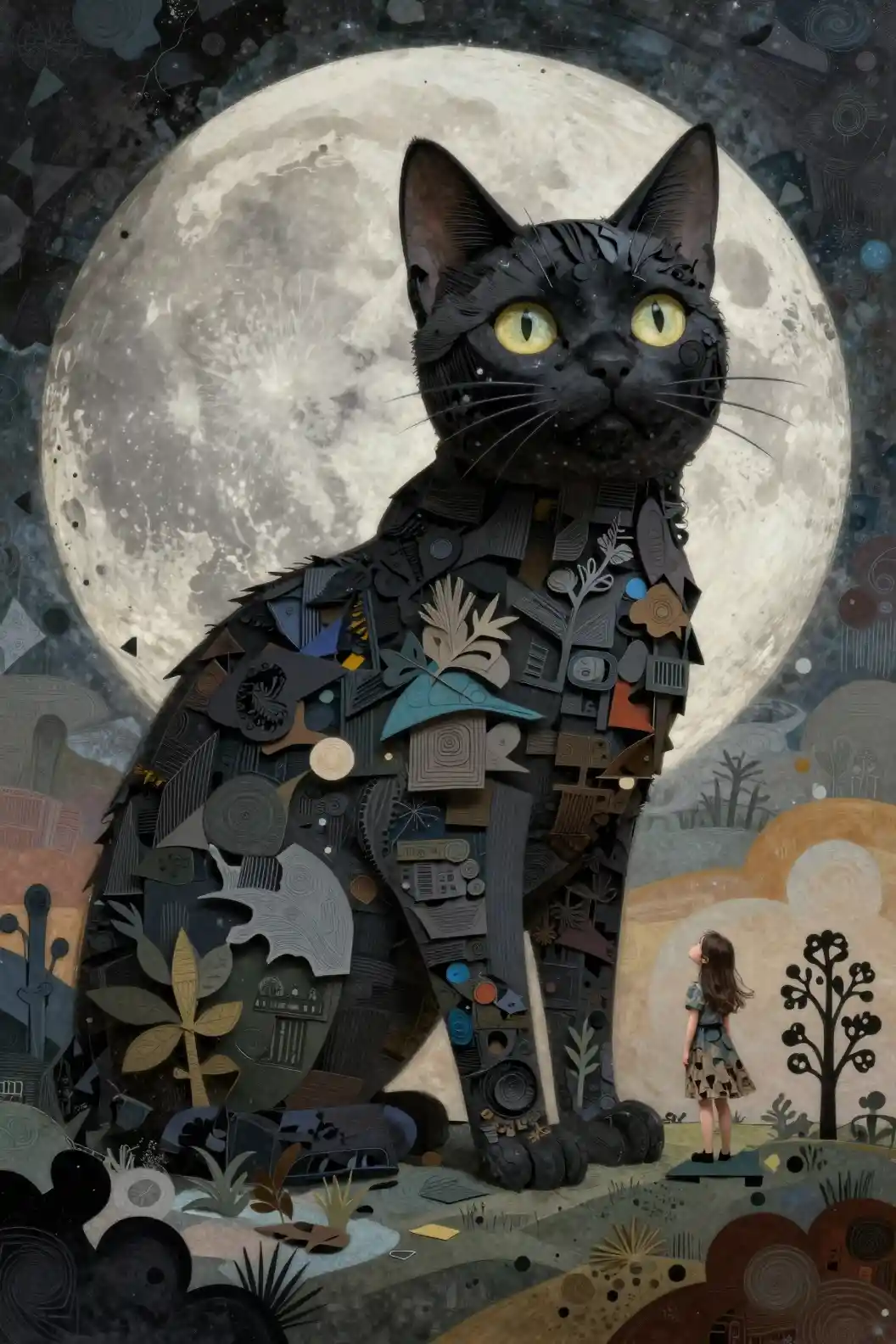 Giant paper collage cat towering over a tiny girl