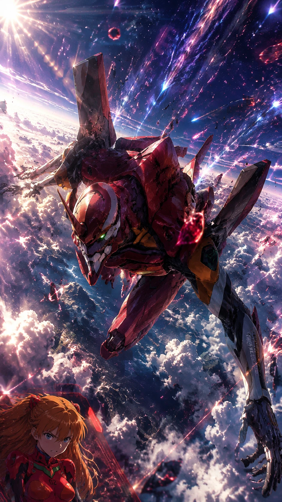 Red mecha diving through glowing meteor filled sky