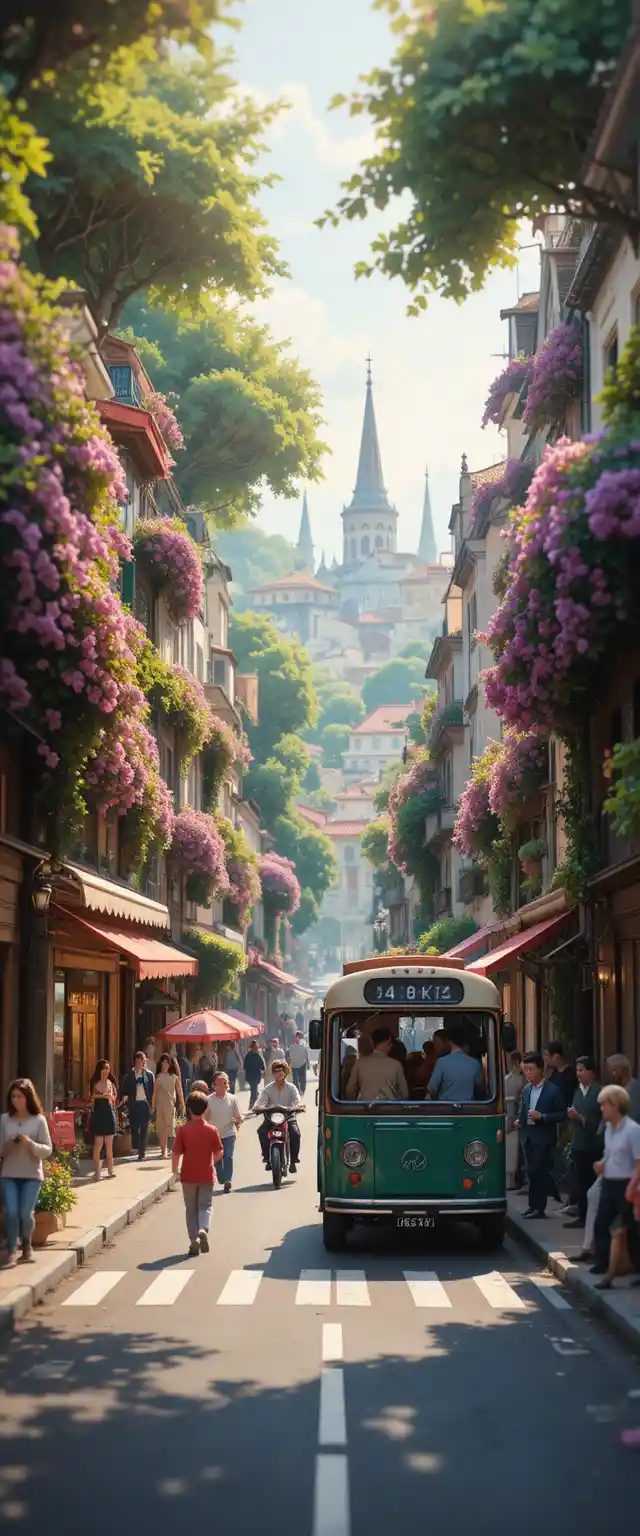 Vibrant Parisian street with colonial buildings and flowers