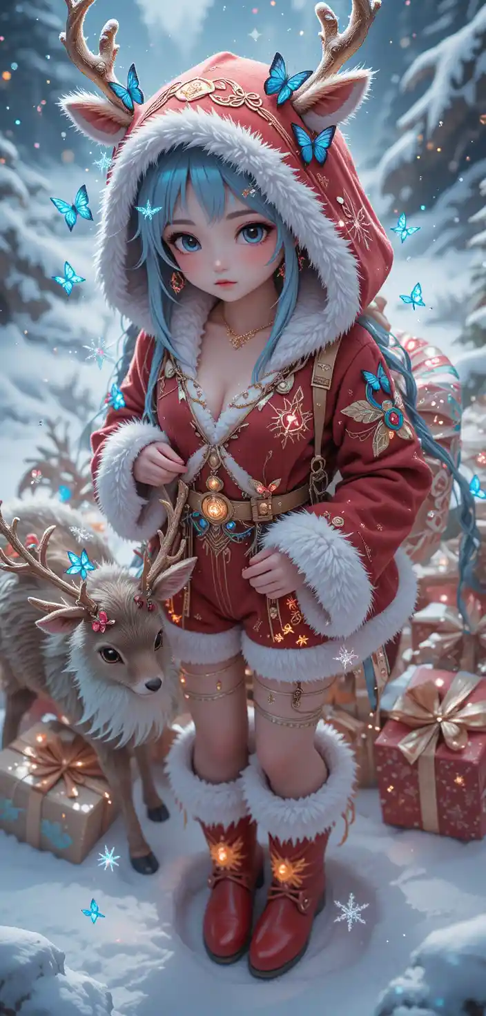 Ragazza renna anime in una magica fantasia di Natale innevata