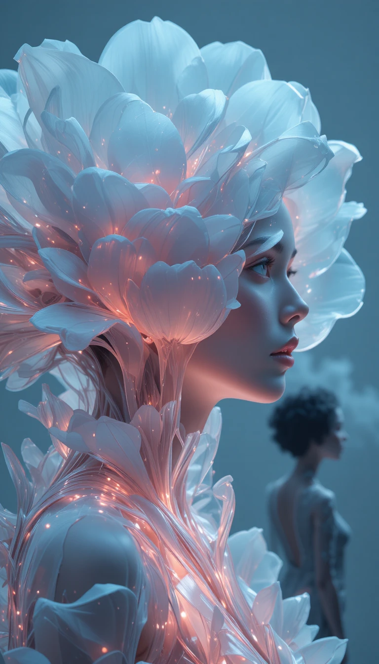 Surreal neon glass flower portrait with veiled woman