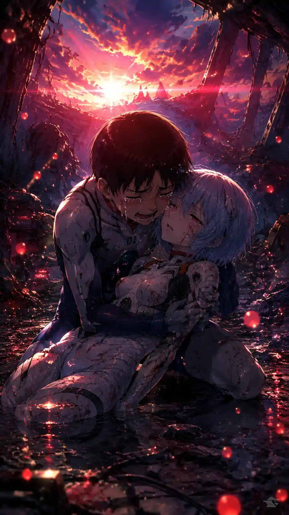 Crying pilot cradling injured girl in ruined cockpit