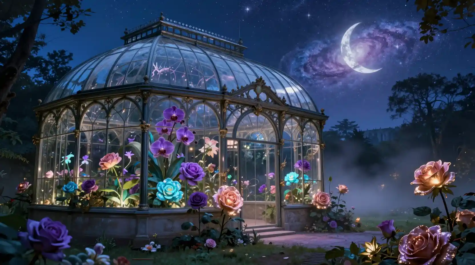Surreal Victorian Glass Greenhouse Glowing With Magical Flowers