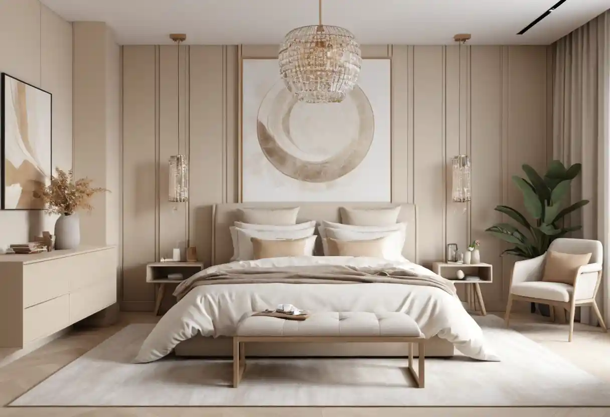 Minimal japandi bedroom with soft beige accessories